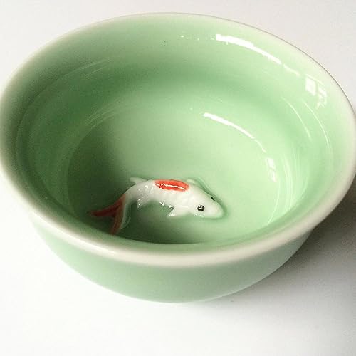 Miniatura 2 de Juego de té chino, juego de té de cerámica hecho a mano de porcelana Kung Fu (6 tazas con tetera), verde azulado con diseño de peces Koi elevados