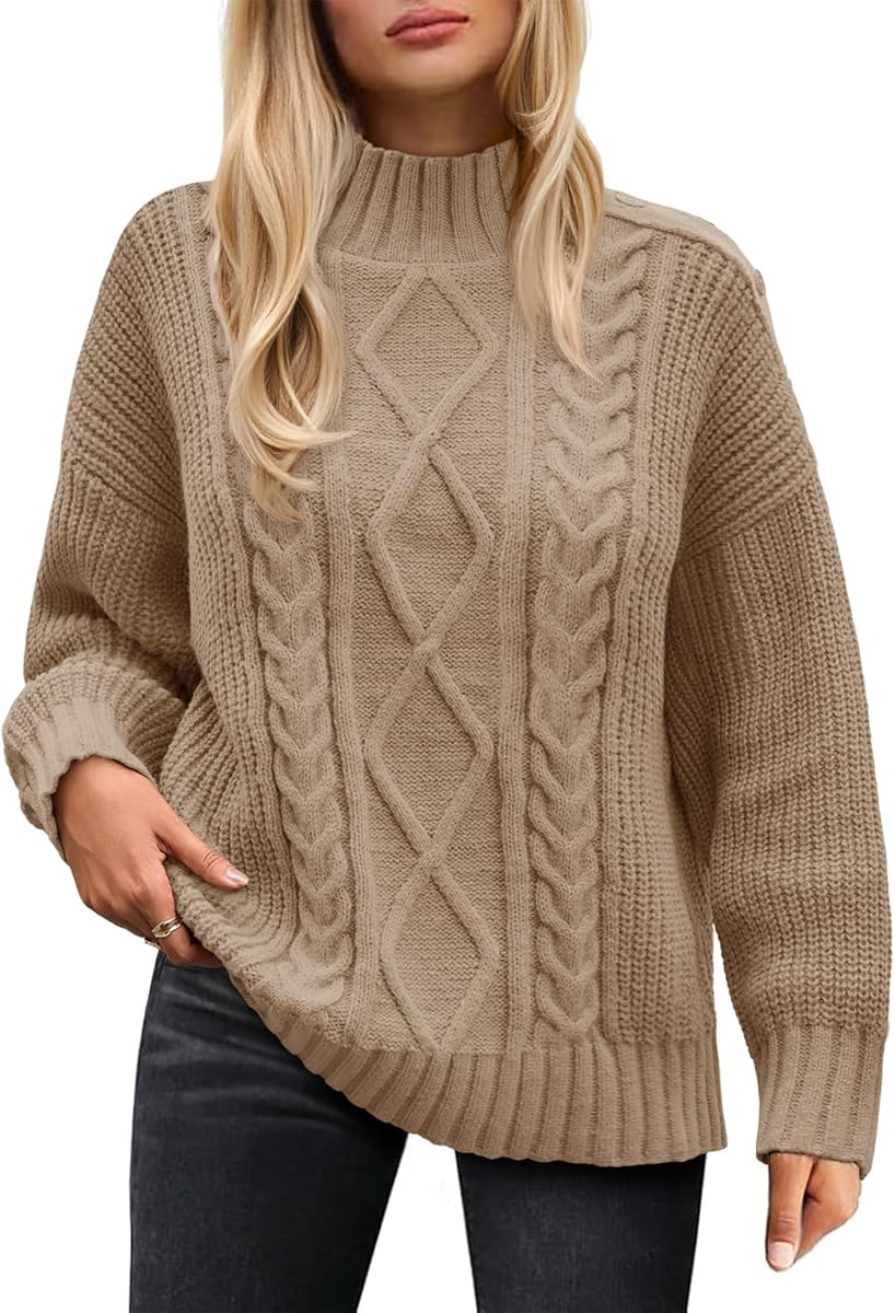 Saodimallsu Womens Oversized Cable Knit Sweaters 2025 Fall Winter Trendy Button Up Turtleneck Chunky Pullover Sweater Tops