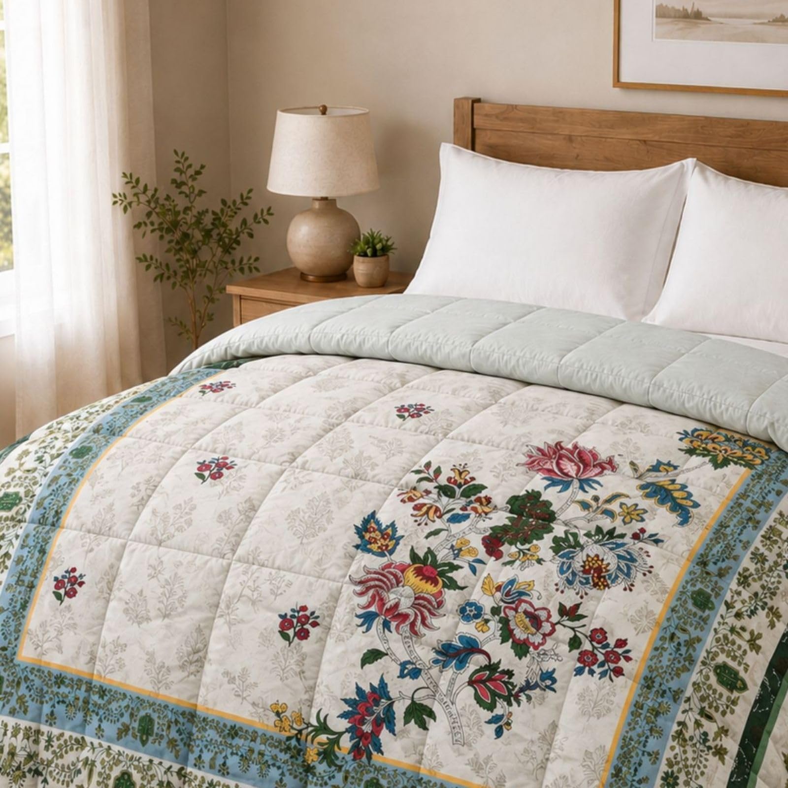 Florida Premium Double Size Navy Blue Floral Quilted Comforter | 233 GSM Soft Microfiber All-Season Quilt for Double Bed (220x240 cm)-image-8