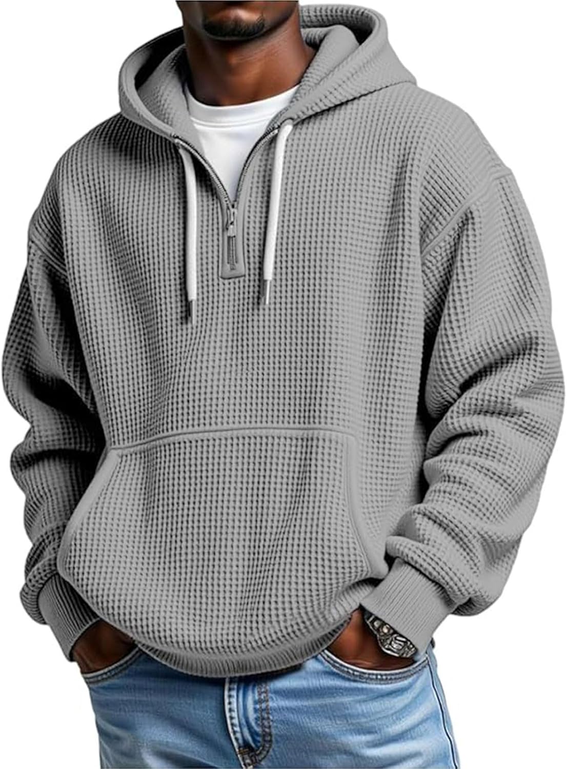 Men's Hoodie Waffle Knit Loose Casual Zip Hooded | Men's Quarter Zip Hoodie Waffle Knit Hooded Sweatshirt Loose Fit Casual Long Sleeve Pullover Sweatshirts with Pockets