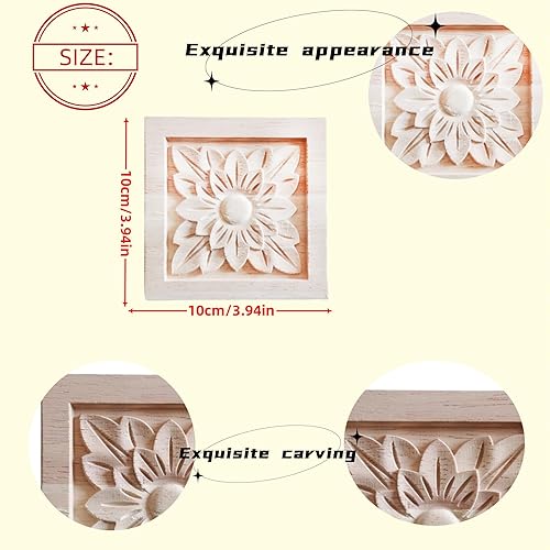 Miniatura 2 de BSYMDH 4 piezas de apliques tallados de madera tallados Onlays tallados a cuadros de madera cuadrada para puerta de cama, armario, espejo, chimenea,