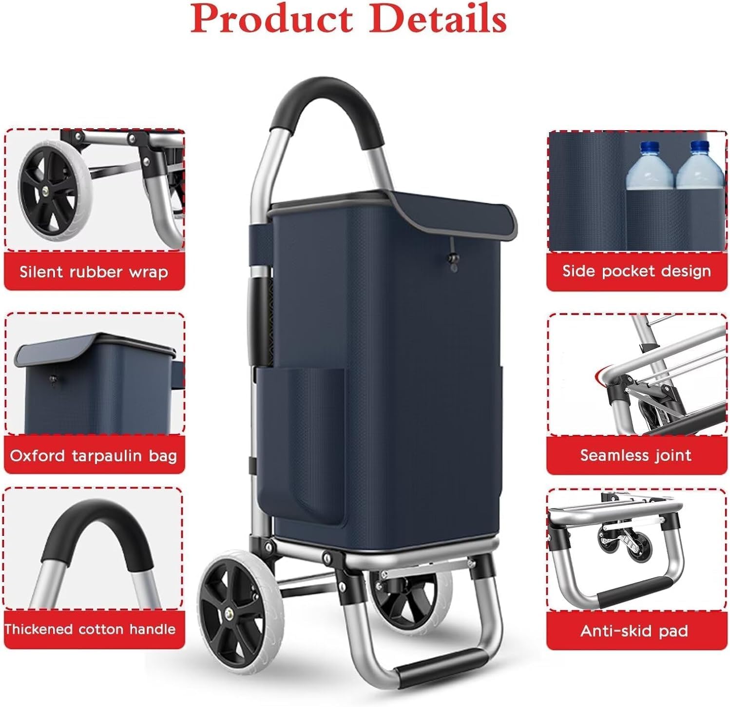 Mobile Tool Trolley Foldable Shopping Cart with 36-Litre Extra-Large Capacity and 6 Wheels(Navy Blue)