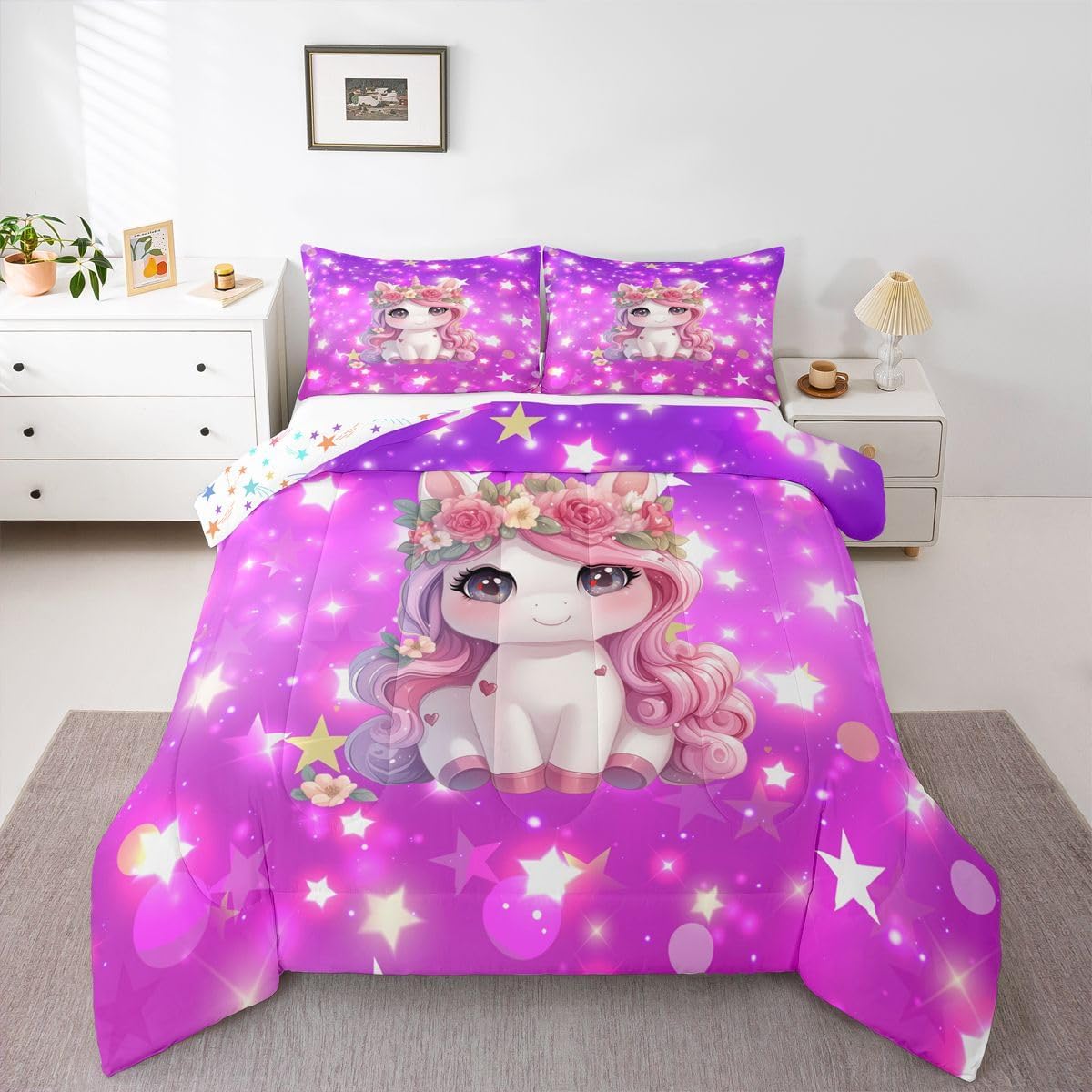 Feelyou Girls Cute Unicorn Comforter Set Twin Size Glitter Bedding Set for Kids Boys Girls Cute Animal Duvet Quilt Princess Decor Bedroom Decor Microfiber 2 Pcs with 1 Pillow Cases