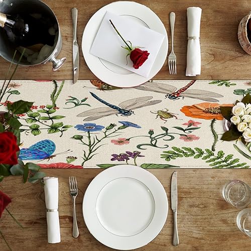 Miniatura 4 de Table Runner Flower Butterfly Dragonfly, Rustic Linen Table Cloth for Farmhouse Kitchen, Dinner, Events, Party, Holiday Table Decor 13 x 36 Inches