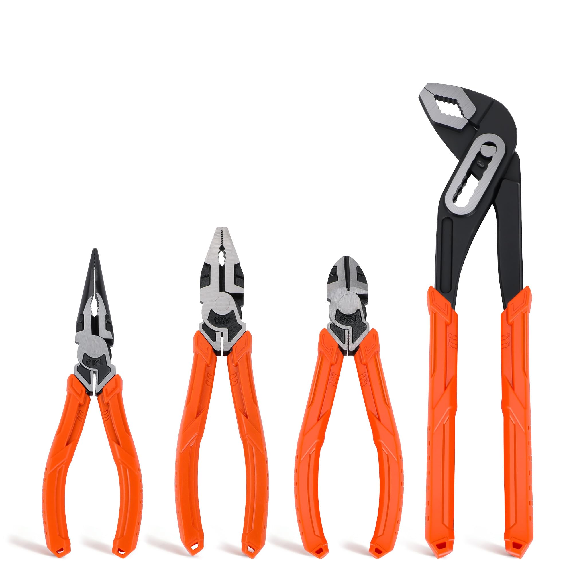 4-Piece Pliers Set, 6" Long Nose Plier, 6" Diagonal Cutting Plier, 8" Combination Plier, 10" Water Pump Plier, for DIY Household Repair, CR-V