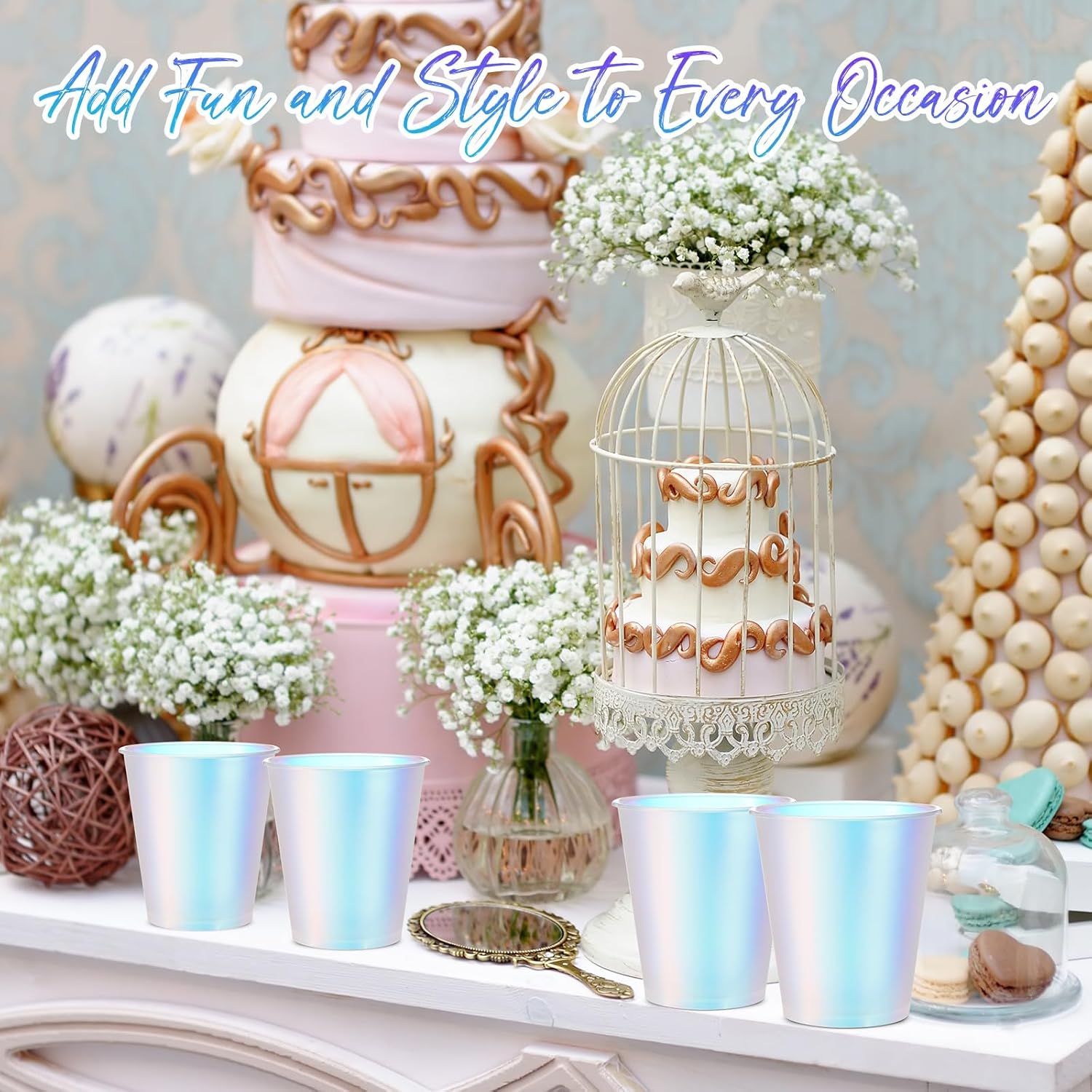 100 Pcs Iridescent Plastic Cups Rainbow Disposable Cups Holographic Party Clear Glitter Shiny Plastic Tumblers for Wedding Birthday Bachelorette Mermaid Party (Matte,12 oz) - Image 6