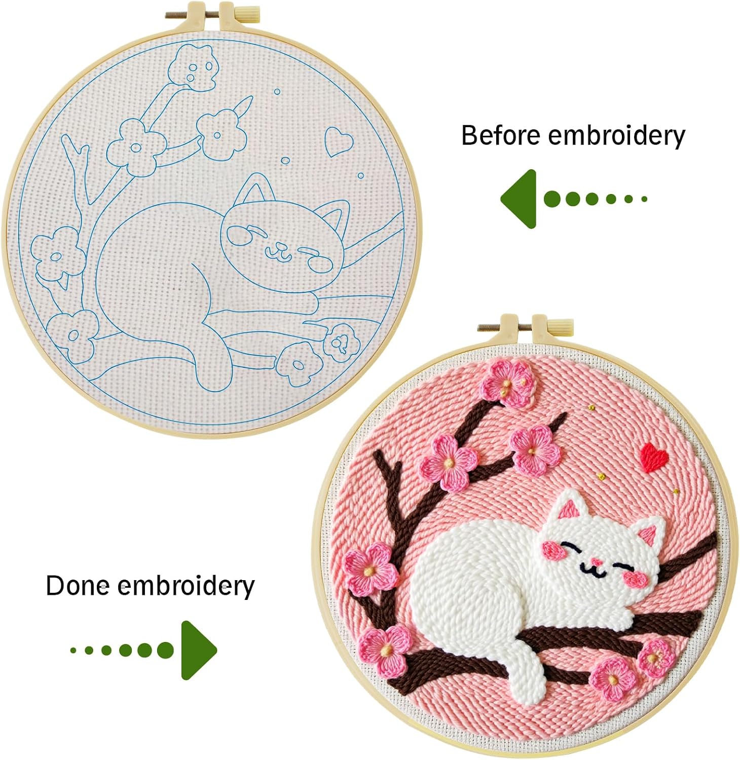 JOZYSH Punch Needle Embroidery Starter Kits for Beginners Cute Snow-White cat Curled up Comfortably on a Branch Adorned Embroidery Hoops,Color Threads,Instructions and Needles,DIY Adults Embroidery