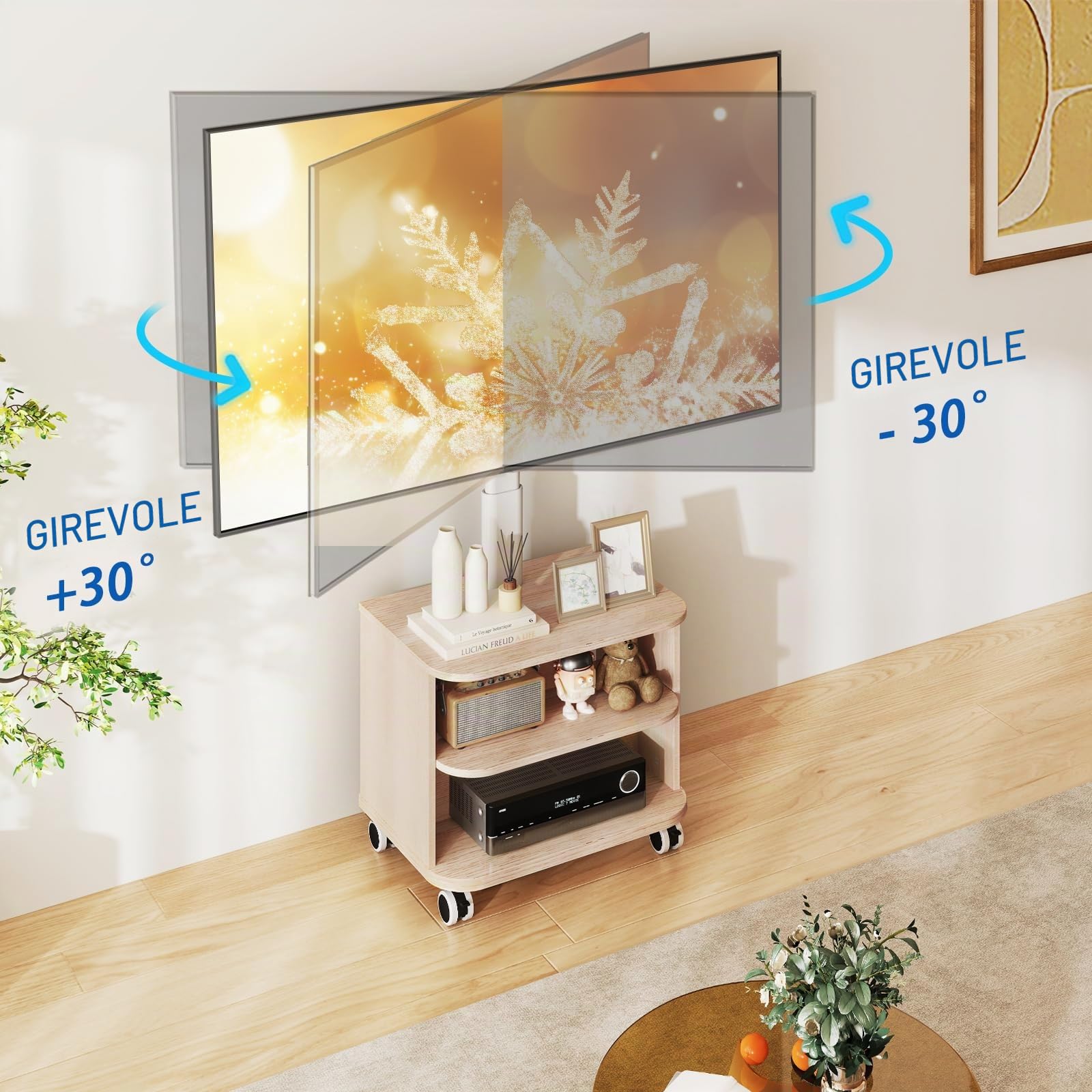 5Rcom Supporto TV bianco su ruote per TV LED LCD OLED Plasma da 32-65 pollici, schermo piatto curvo, altezza regolabile, con staffa, fino a 40 kg, supporto TV mobile con mensole in legno, VESA max 400