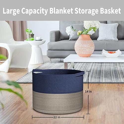 Cotton Rope Storage Bin - Large Woven Blanket Basket 22''x 22''x 14'' with Handle, Laundry & Pillow Basket for Living Room (Navy Blue)(Navy Blue)