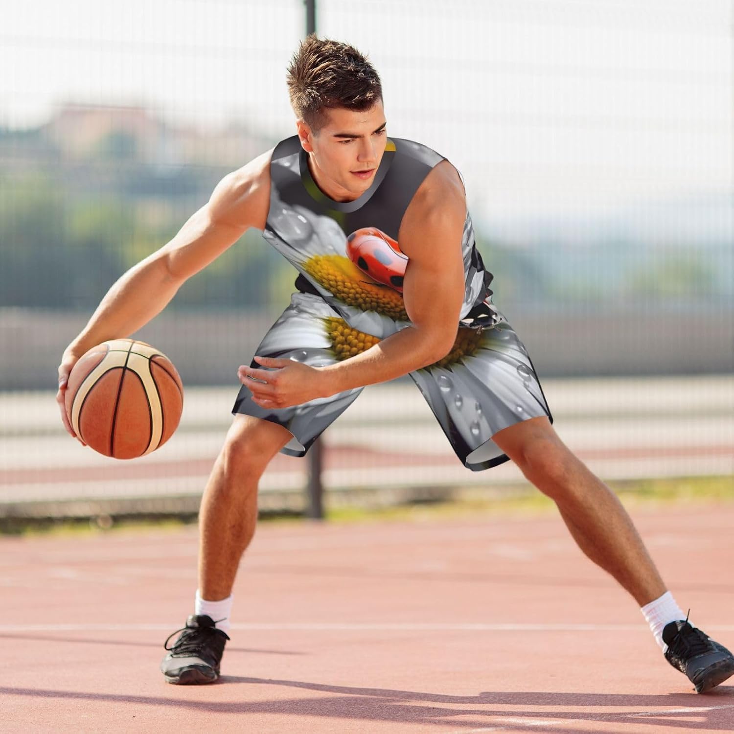 Ladybug on Daisy Flower Basketball Jersey for Men 2 Piece Basketball Uniform with Basketball Vest and Athletic Shorts