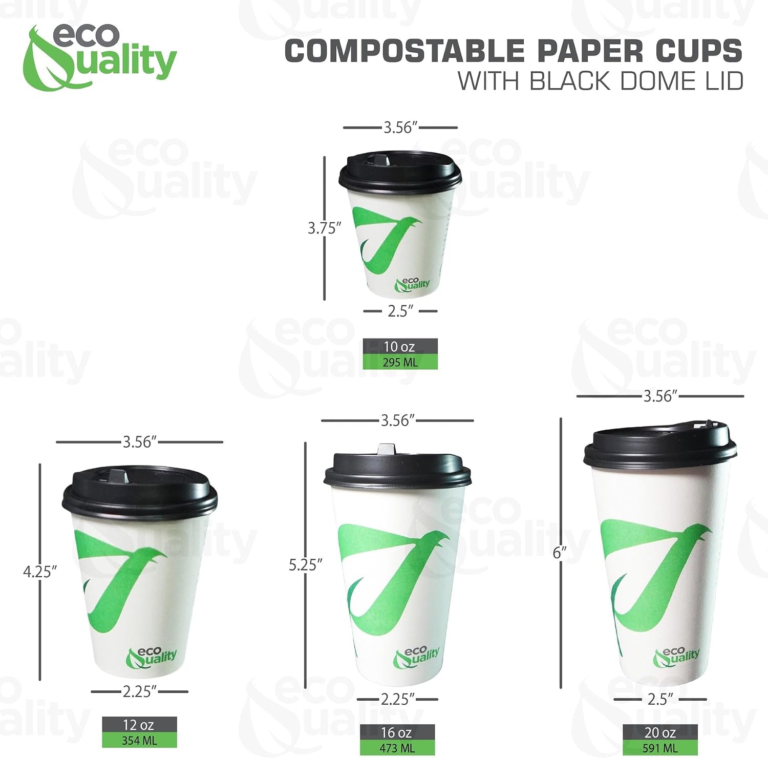 EcoQuality 10 oz Compostable Paper Cups with Black Dome Lids - Biodegradable Disposable White Paper Coffee Cups PLA Lined - Eco-friendly Hot and Cold Drinking Cups (25)