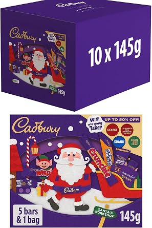 Cadbury Chocolate Medium Selection Box 145g Kids Christmas Xmas Gift Box Santa Bundle Great Gifts Stocking Fillers Festive Chocolate 5 Bars & 1 Bag Hamper School Office Pack Of 10 145g