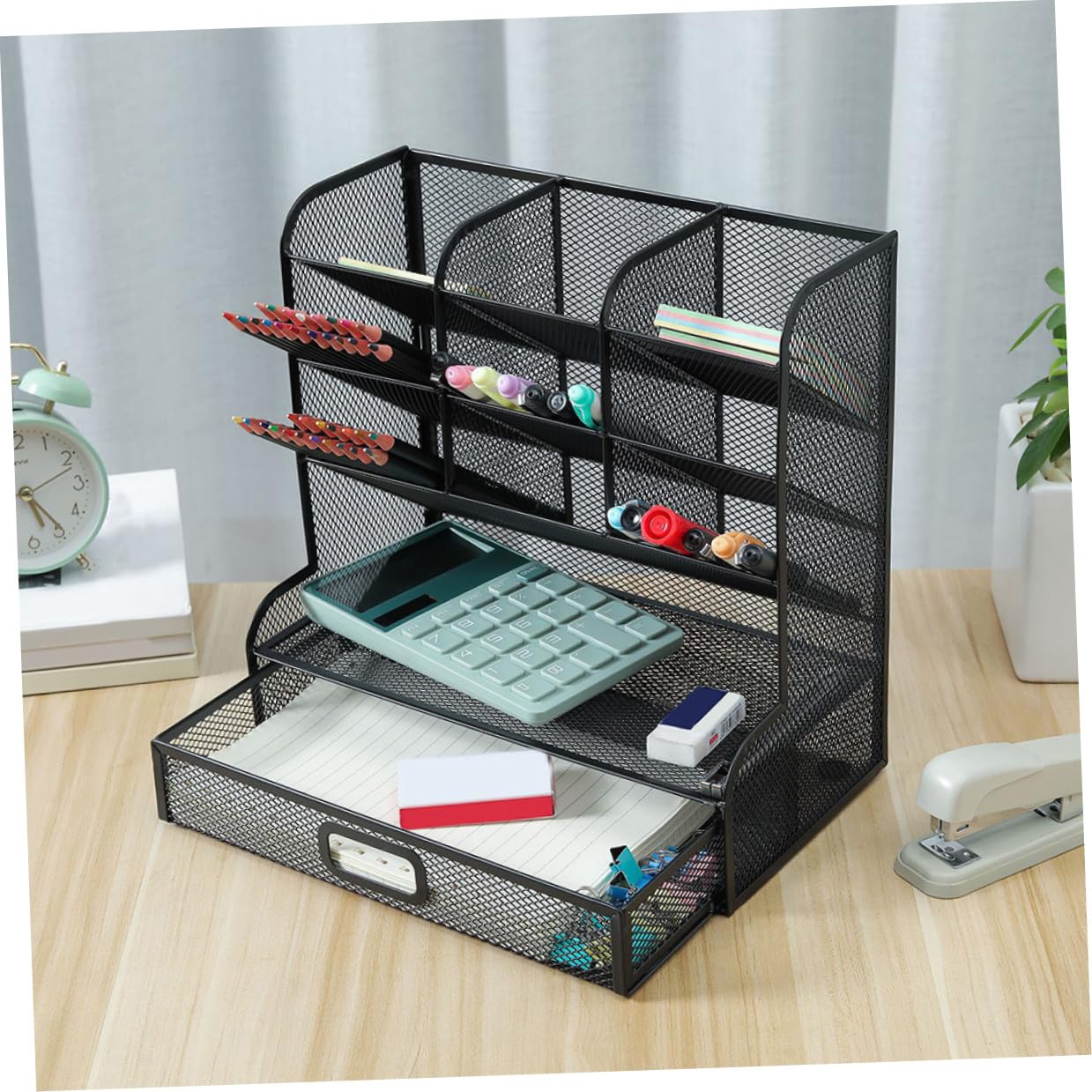 POPETPOP Organizer da Scrivania in Metallo Multifunzionale con Scomparti Portapenne Inclinato per Ufficio Studio e Camera Compatto e Leggero per Cancelleria e Piccoli Oggetti