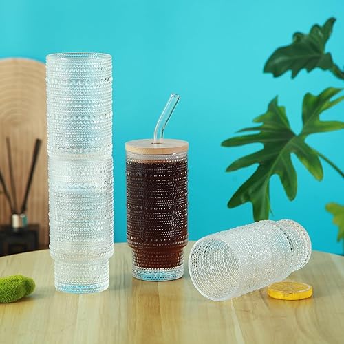 Miniatura 7 de Juego de 4 tazas de vidrio de 16 onzas con tapas y pajitas, vasos para café helado, vasos para café, bar, accesorios de cocina, whisky, cóctel,