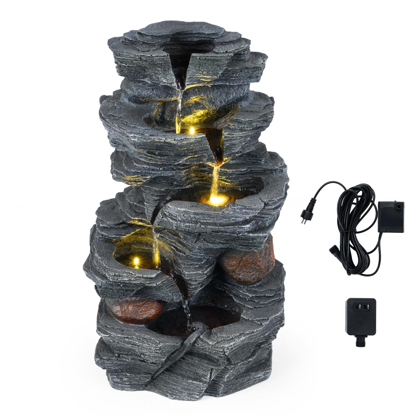HOMASIS Fontana da Giardino con Effetto di Roccia, Fontanella Decorativa a 5 Livelli con Luci, Flusso d'Acqua e Pompa Regolabile, Arredo in Resina per Interno, Tavolo, Esterno, Balcone e Laghetto