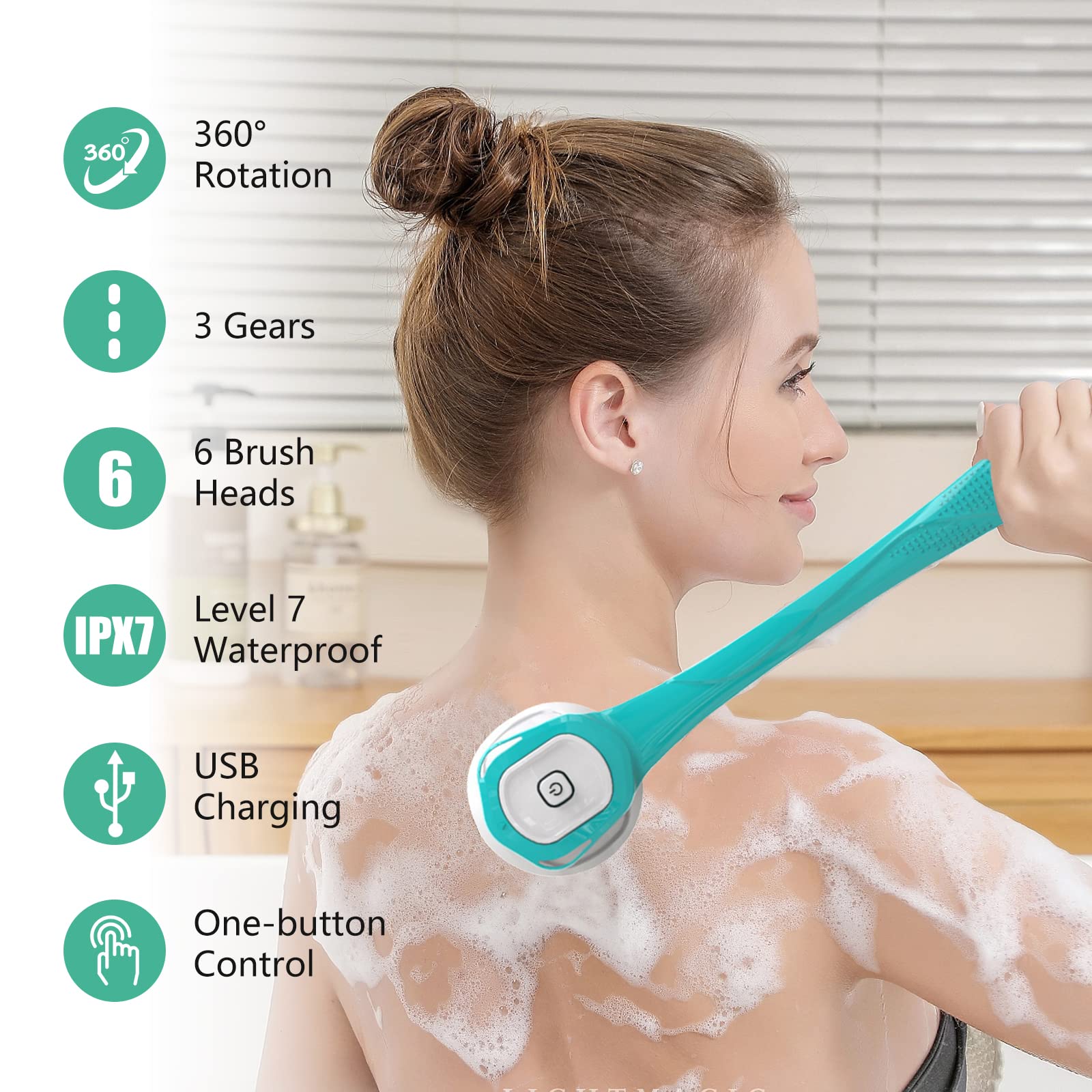 Elektrische Duschbürste,Körperbürste Elektrische Rückenbürste mit Langer Griff,Rückenbürste Dusche Massagebürste mit 6 Reinigungsköpfen,Badebürste für Spa Dusche Peeling Massagebürste (Blau)