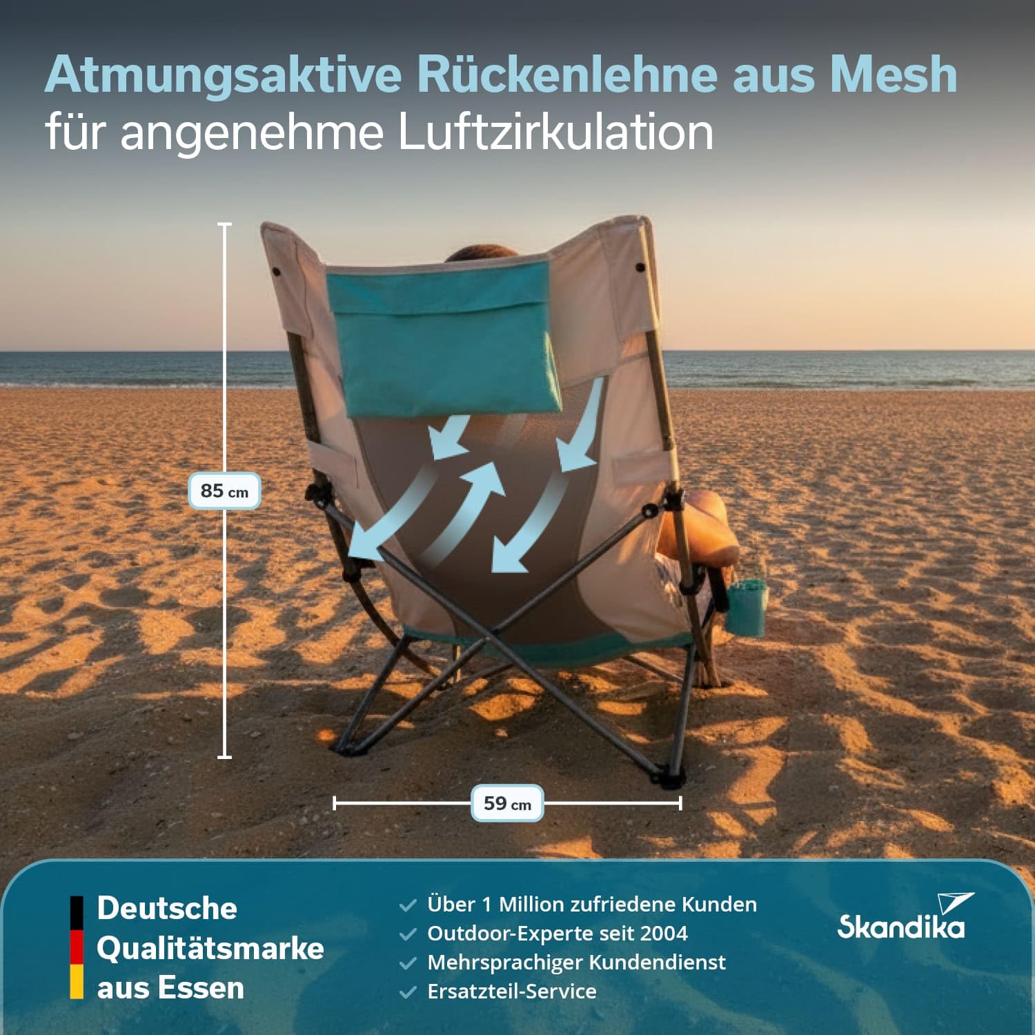 Skandika Strand Campingstuhl Beach | Bequemer Strandstuhl mit atmungsaktivem Mesh, Getränkehalter, niedrig, leicht zu transportieren, max. 136 kg | Faltbarer Klappstuhl, Liegestuhl (beige/türkis)