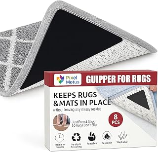 Rug Tape Grippers for Hardwood Floors, 8 Pcs Non Slip Double Sided Rug Pads – Reusable Washable Carpet Grippers, No Residue Removable Corner Holders for Area Rugs, Tile, Laminate, Vinyl, Marble