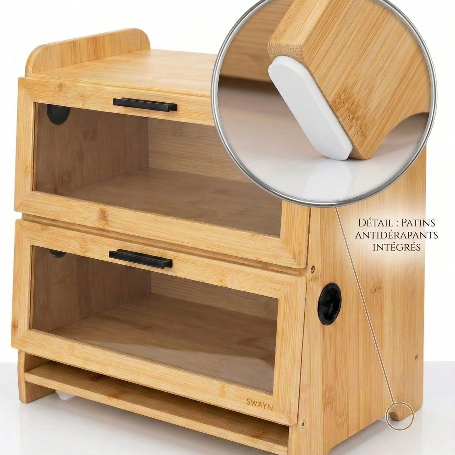 SWAYN - Caja de pan de bambú con certificación FSC - Hucha para pan de 2 pisos, ventilación ajustable para prolongar la frescura, tabla integrada, almacenamiento optimizado para conservación de pan