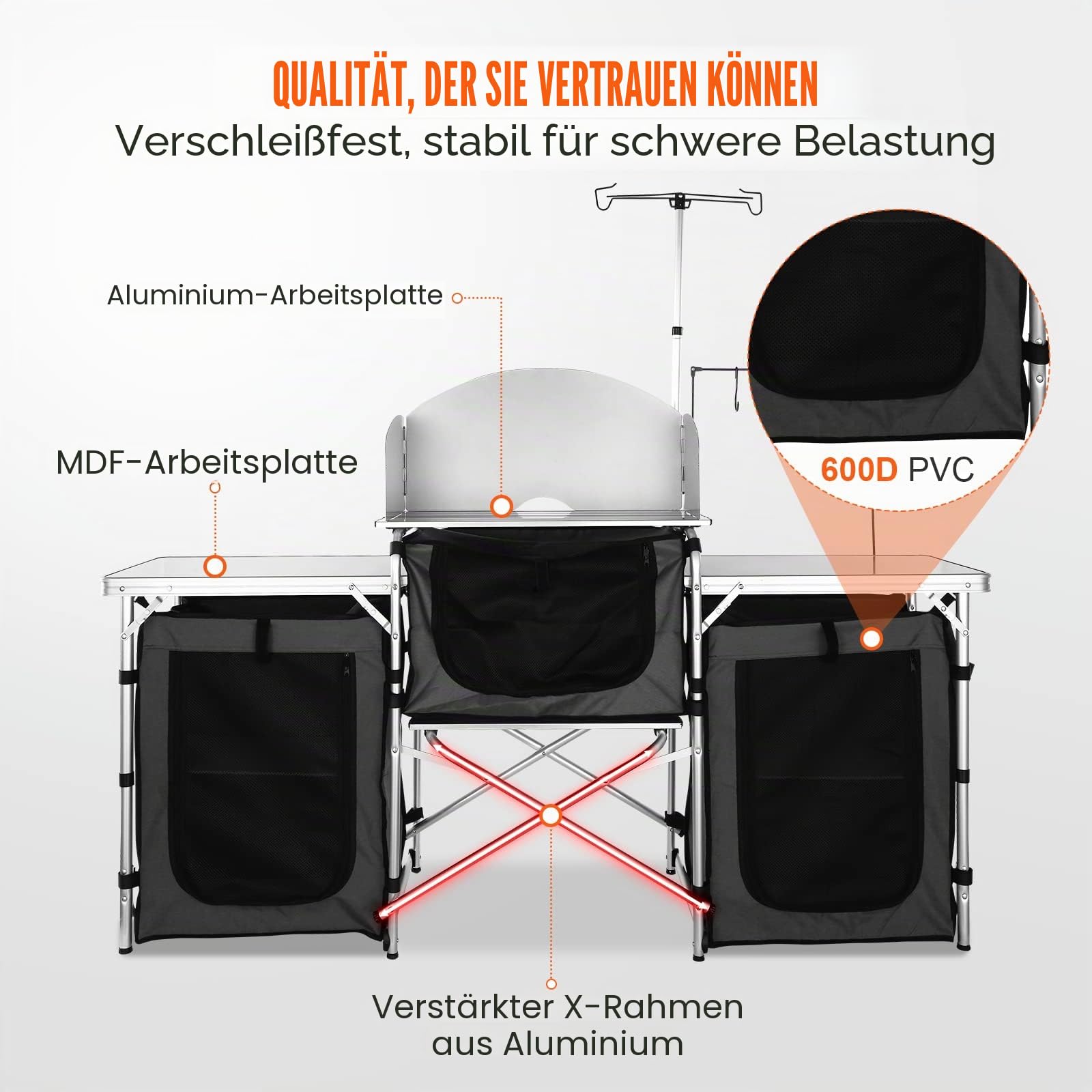VEVOR Camping-Küchentisch, Klappbarer Outdoor-Kochtisch mit Aufbewahrungstasche, Aluminium-Kochstation mit 3 Schränken und Abnehmbarer Windschutzscheibe, Schneller Aufbau für Picknicks usw.