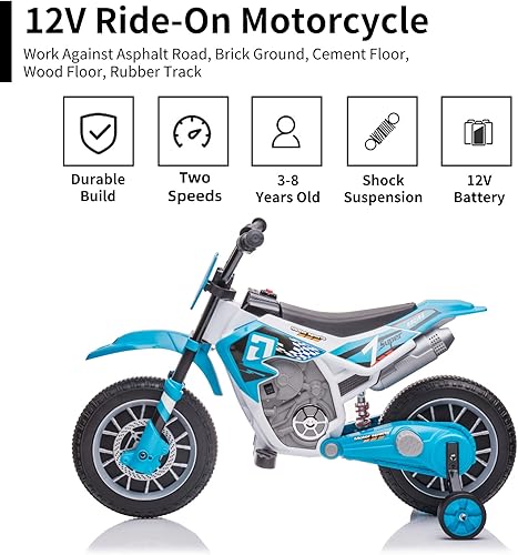Miniatura 3 de Motocicleta eléctrica de 12 V con batería para niños pequeños, juguetes de paseo para niños con ruedas de entrenamiento de 2 velocidades, música y