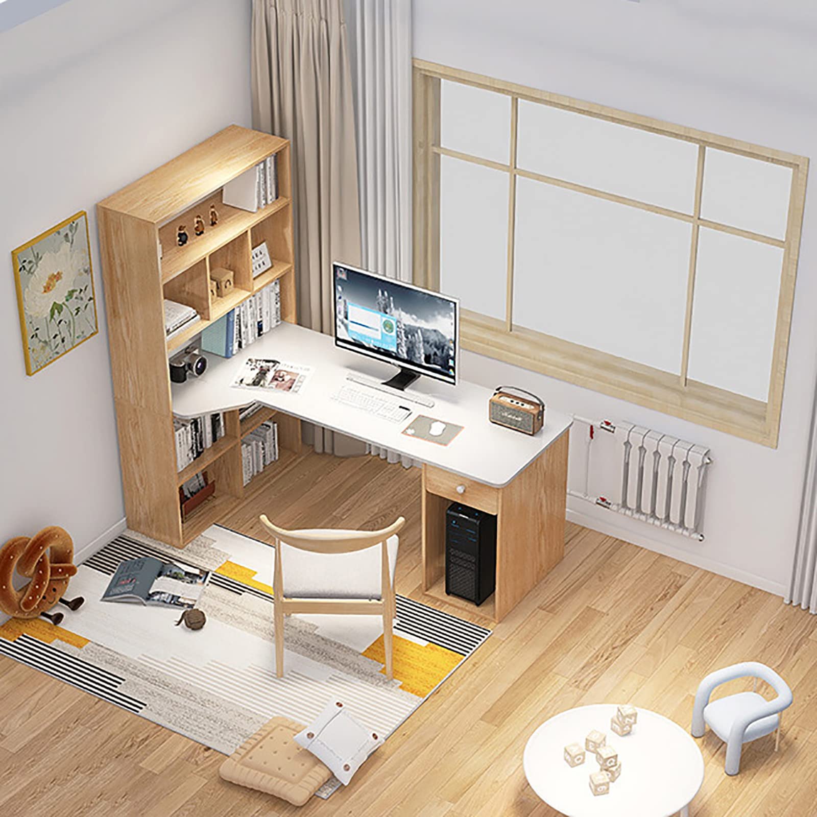 Amazon | QQXX モダンL字型デスク 収納棚付き 木製コーナーデスク 棚