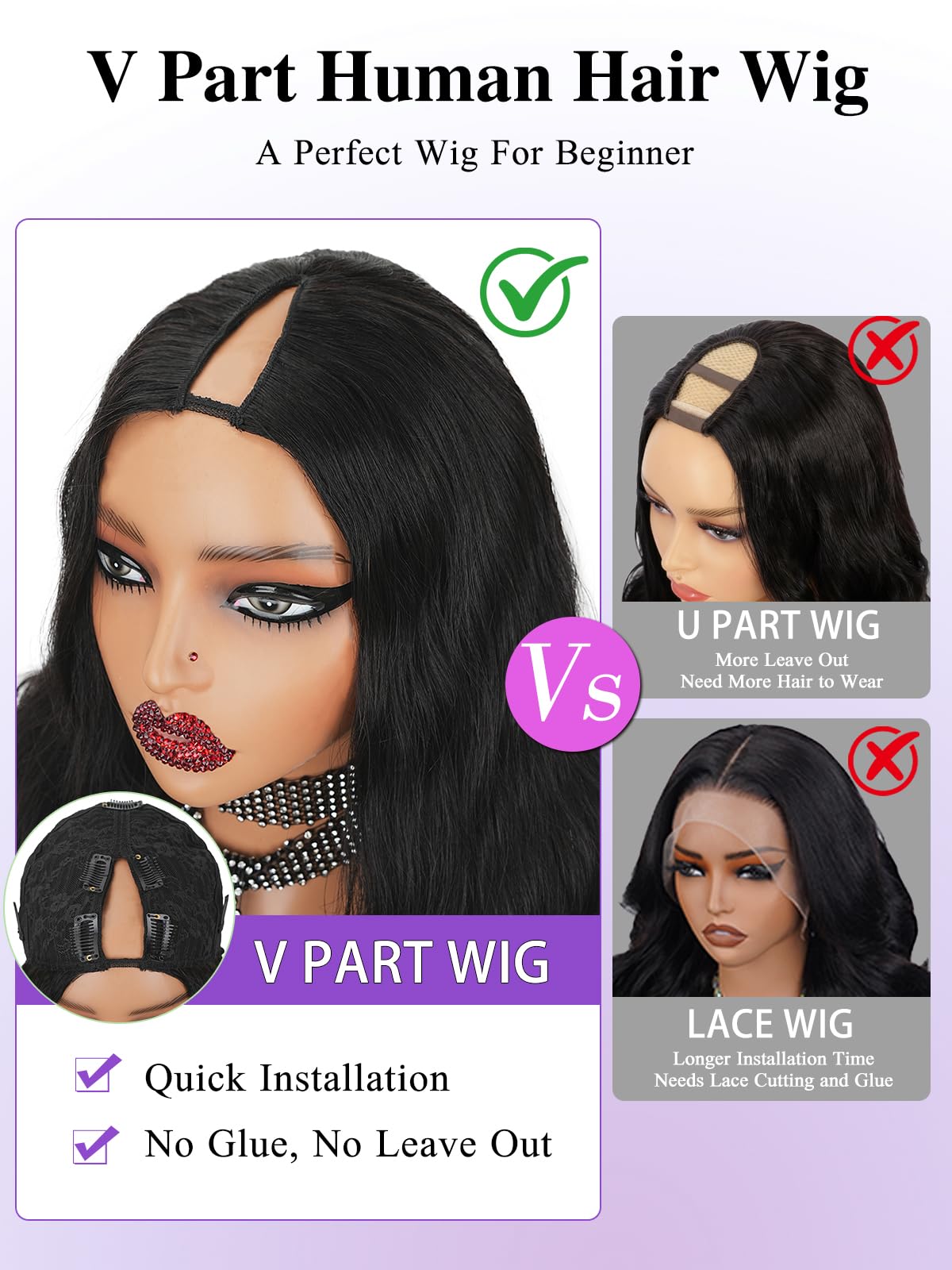 Amazon.com : Tahikie V Part Wig Human Hair Body Wave 200  display picture 1