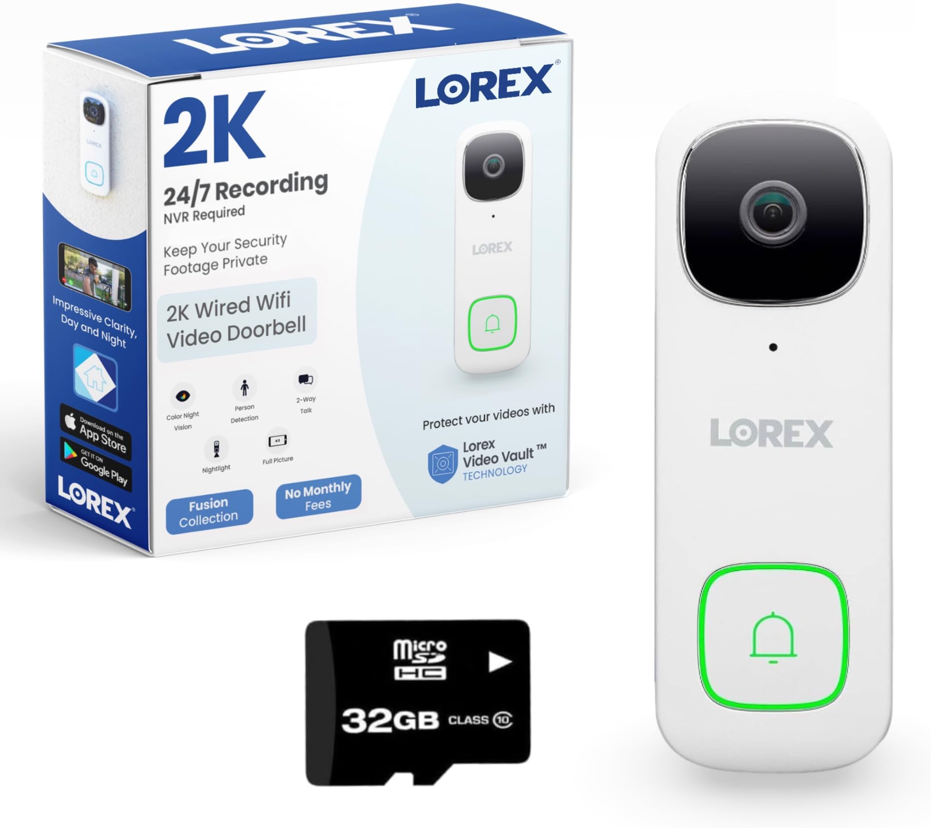 Lorex 2K Wired White Video Doorbell with Color Night Vision, Nightlight, and 2-Way Audio (2K White Wired)