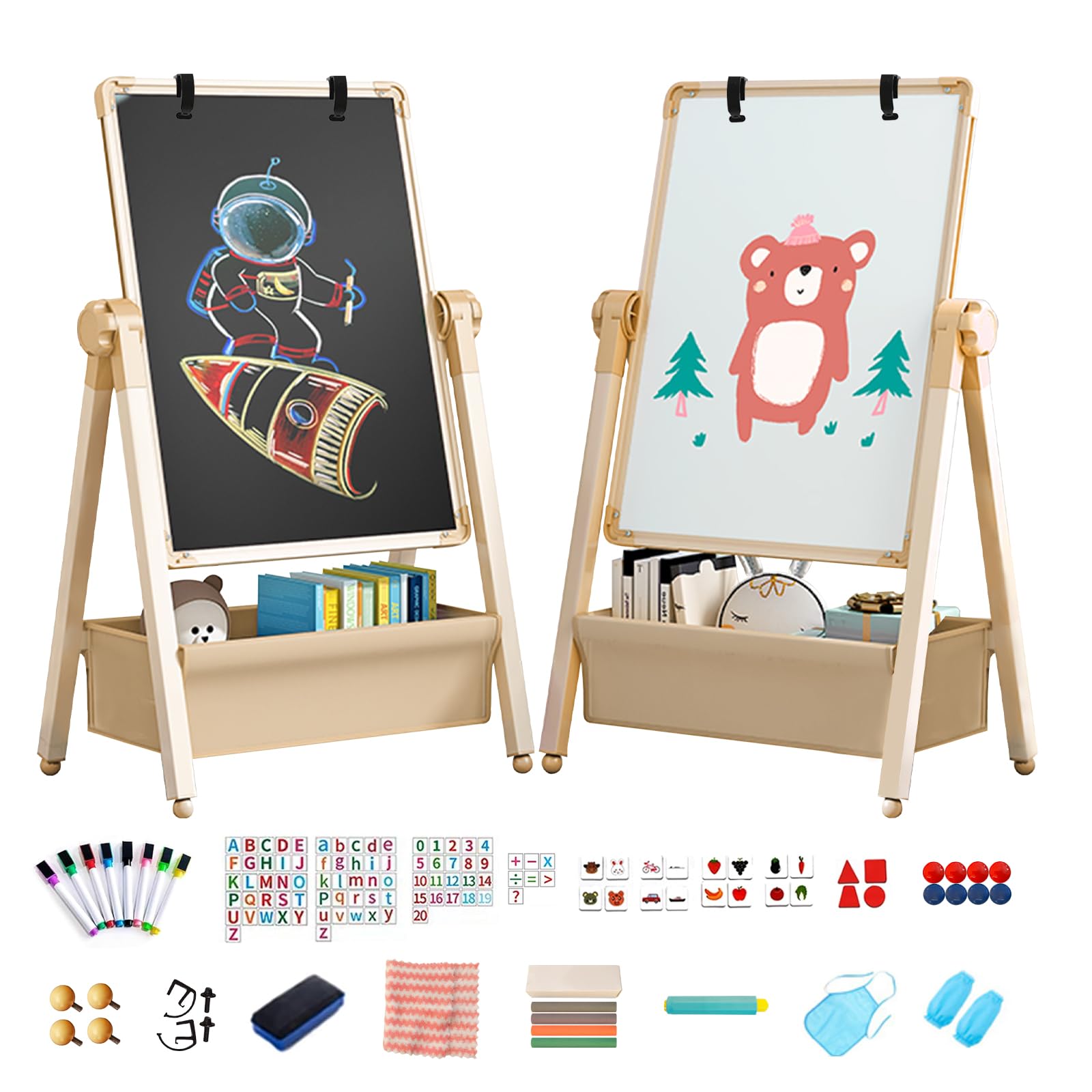 Lavagna per Bambini Cavalletto Artistico Pittura in Regolabile Altezza 3 in 1 Doppia Faccia Tavolo da Disegno Pieghevole, Lavagna Bianca Girevole a 360° con Lettere e Numeri Giocattoli 3+ Anni
