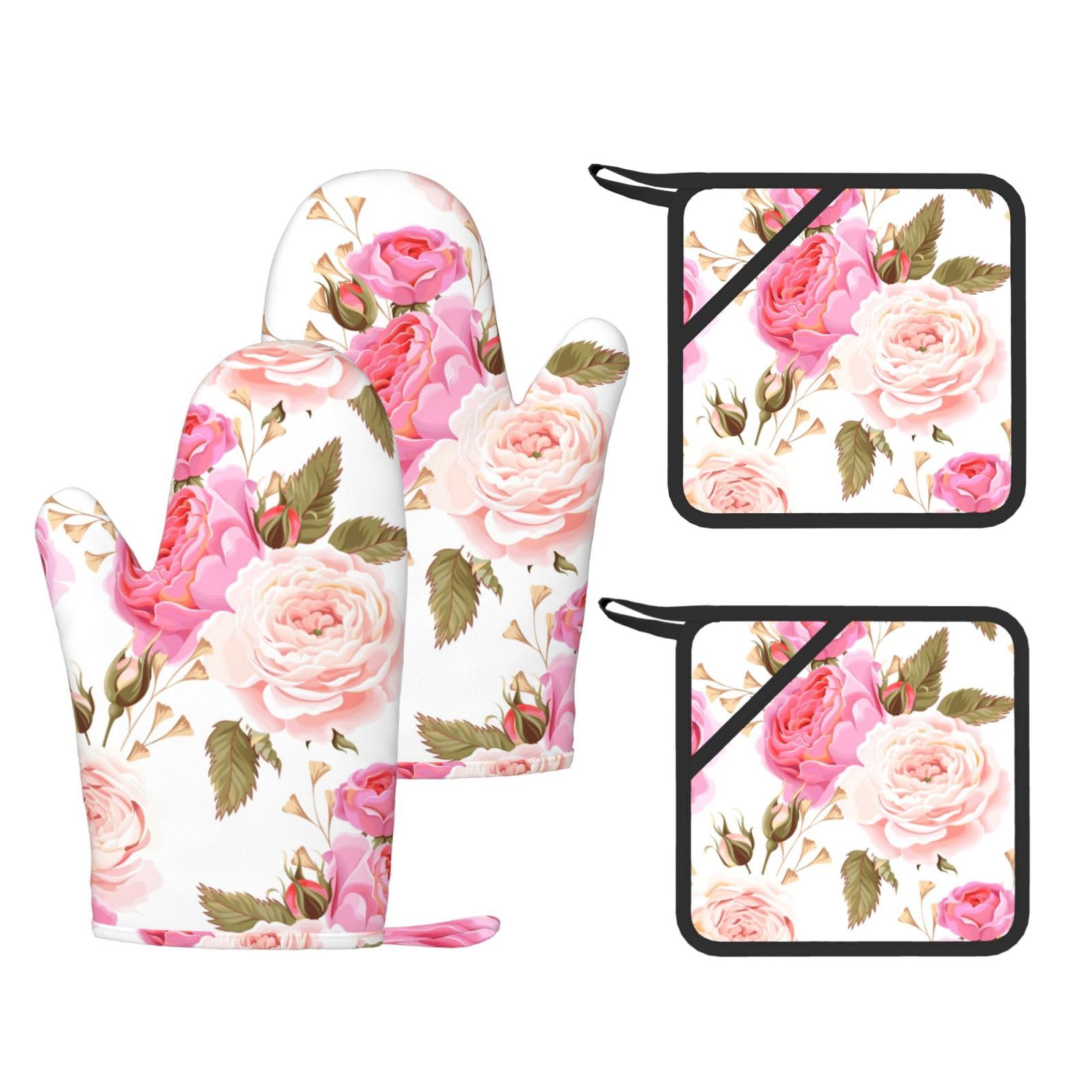 Fleur Rose Rose,Gants de Cuisine et maniques (Lot de 4), antidérapants Gants de Four résistants à la Chaleur
