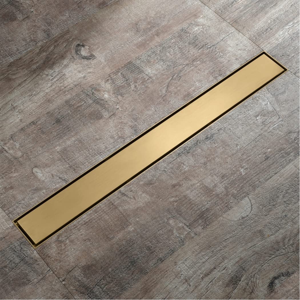 Liniowy odpływ prysznicowy 61 cm (24 cale), stal nierdzewna 304, prostokątny odpływ podłogowy, szczotkowane wykończenie, ze szczotkowanym złotem, z kratką do wkładania płytek i wyjmowaną.