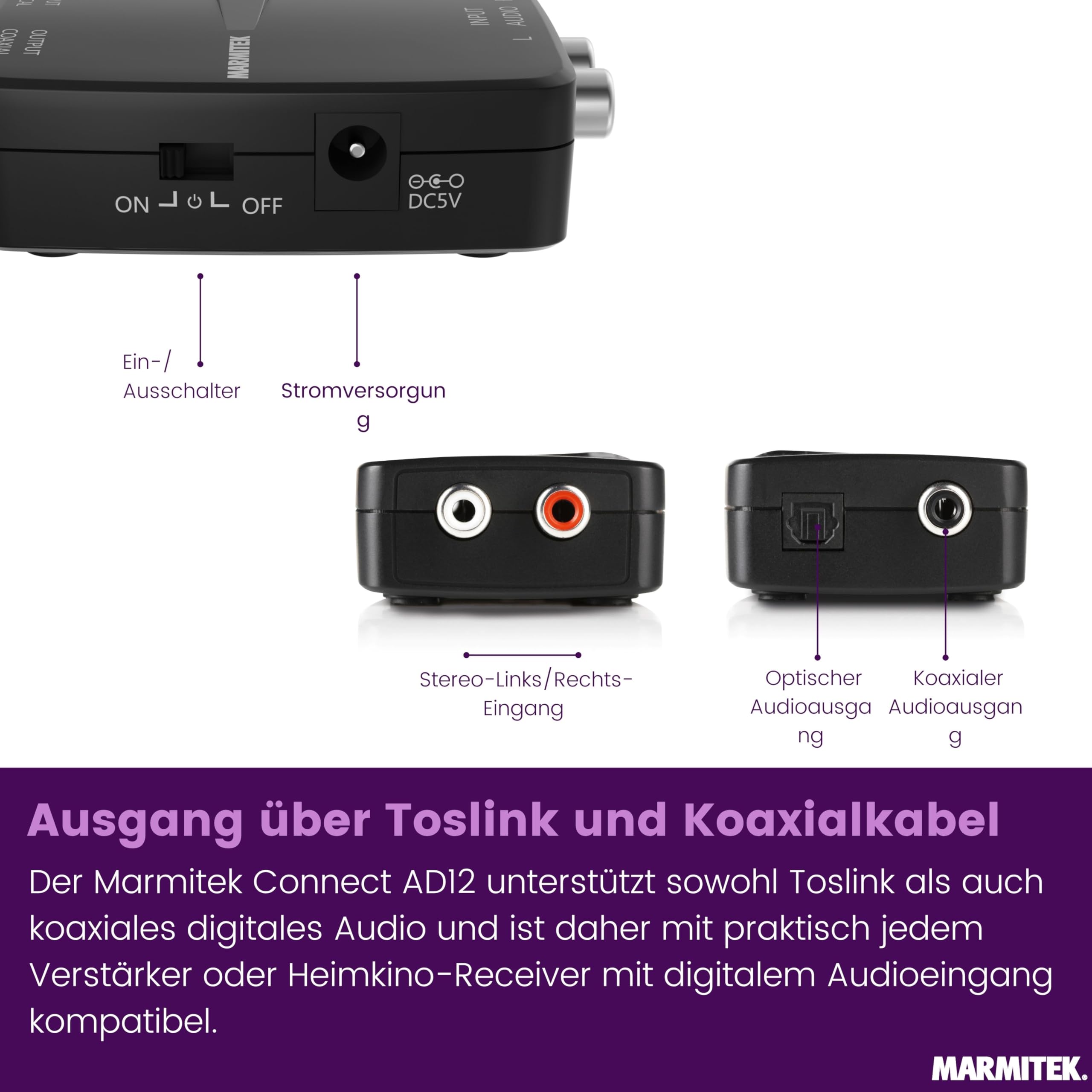Marmitek Connect AD12 - Analog Digital Wandler ADC RCA Toslink Koaxial | Audio Converter für TV, Verstärker und Soundbar, Cinch RCA auf Toslink oder Koaxial, 48 kHz LPCM und Plug & Play