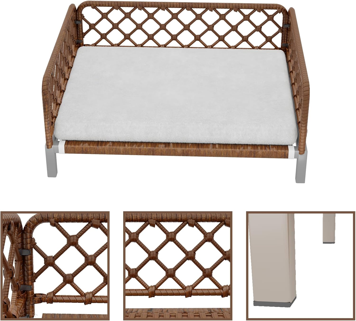 Small Dog Bed, Waterproof Elevated Dog Couch with Washable Removable White Cushion, Boho Rattan Dark Brown Wicker Orthopedic Pet Sofa for Outdoor, Indoor