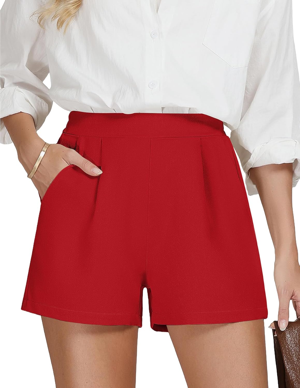AKEWEI Shorts for Women Trendy Wide Leg Work Shorts with Pockets High Waisted Red Shorts Women Summer Casual M
