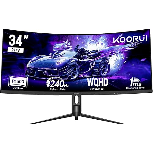 KOORUI 34 inch 240Hz Ultrawide Curved Gaming Monitor 3440x1440P, 21:9 Display, 1500R Curvature. 1MS, PIP/PBP, Support Adaptive Sync, DP, HDMI, PS5,Vesa