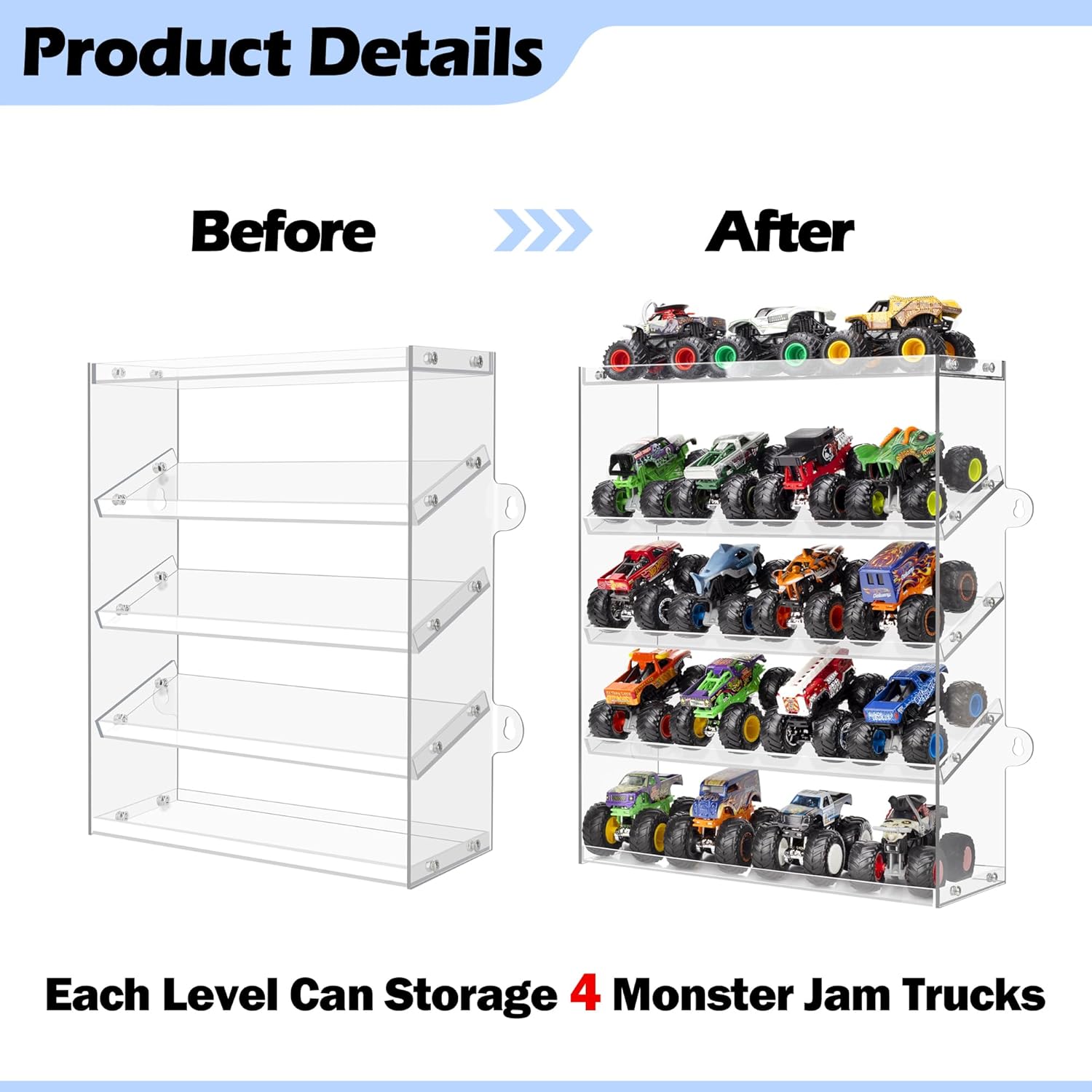 Assembly Monster Trucks Display Case Holding for 20 Monster Trucks Acrylic Storage Case 5 Tiers Monster Trucks Organizer with Tilted Design, Display Case for Toy Trucks (2-Pack Transparent)