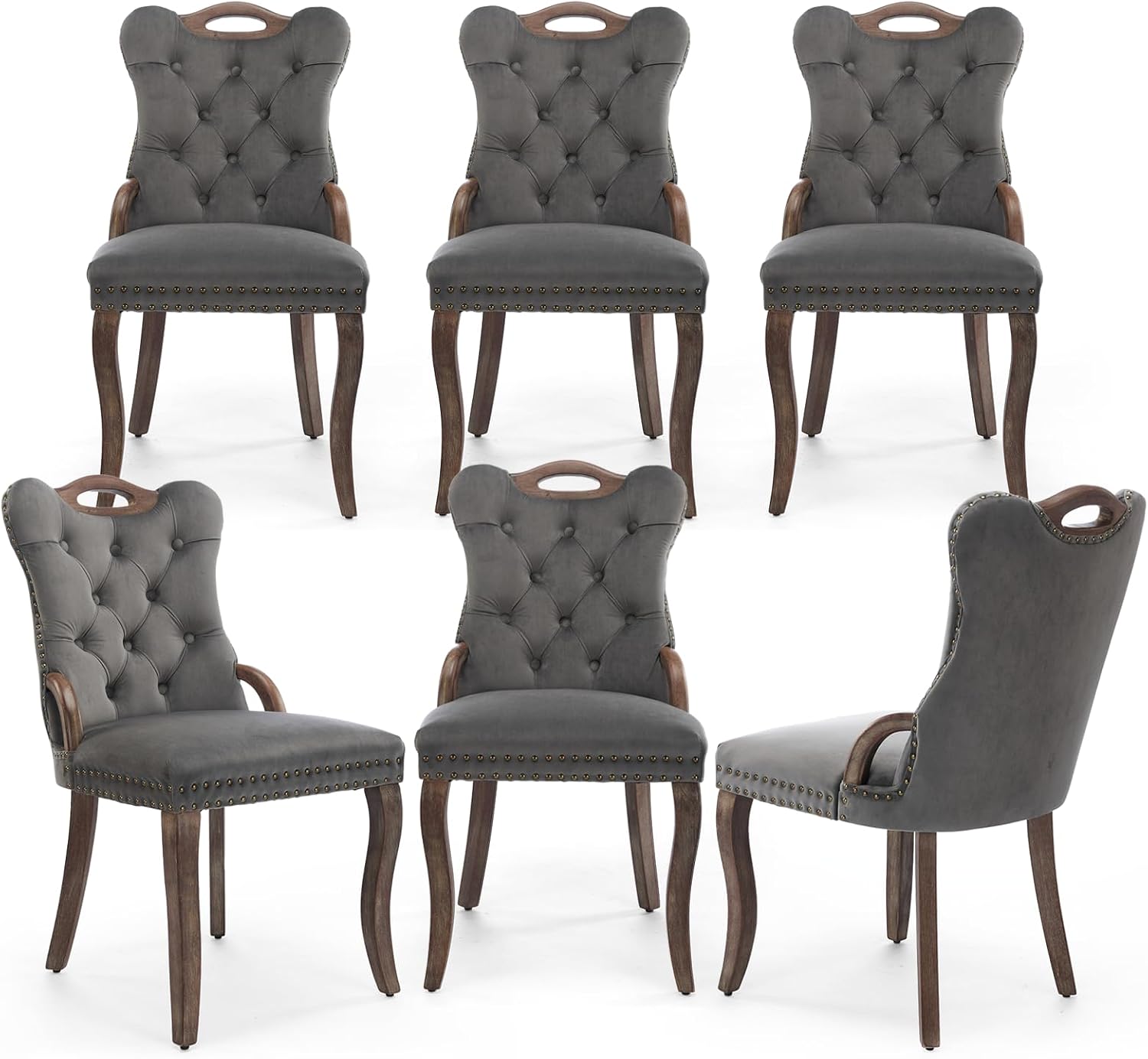 Curved Dining Chairs Set of 6, Modern Velvet Upholstered Kitchen Chairs with Tufted Back and Wood Handles, Solid Wood Legs & Nailhead Trim for Dining Room,Restaurant（Grey）