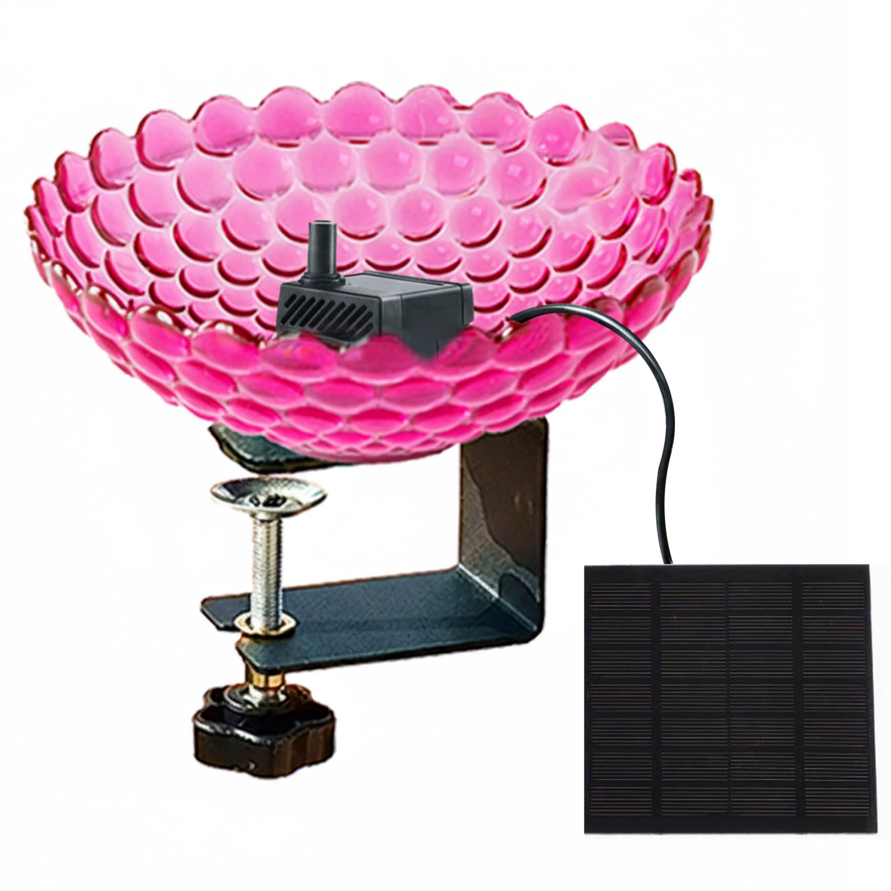 Fontaine solaire pour bain d'oiseaux en verre rose rouge décoratif