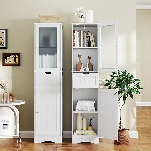 Miniatura 23 de Tangkula Armario de almacenamiento de baño de 67 pulgadas de alto, torre independiente delgada con 2 puertas y 1 cajón, gabinete de piso estrecho