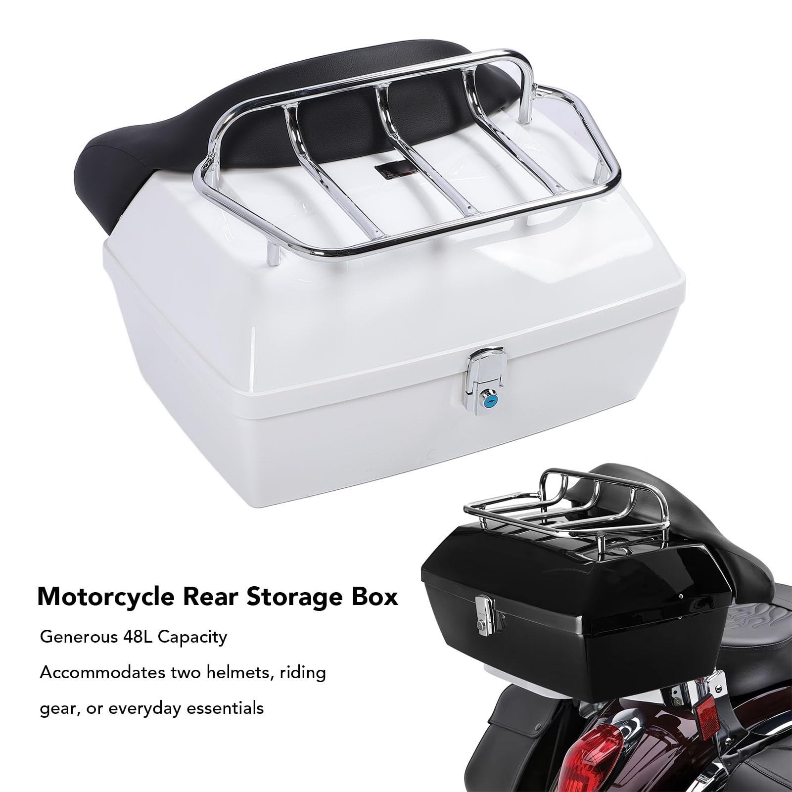 Bauletto Posteriore per Moto Baule Universale Resistente All'acqua da 48 Litri per Caschi Bagagli in Plastica ABS Design Durevole (WHITE)
