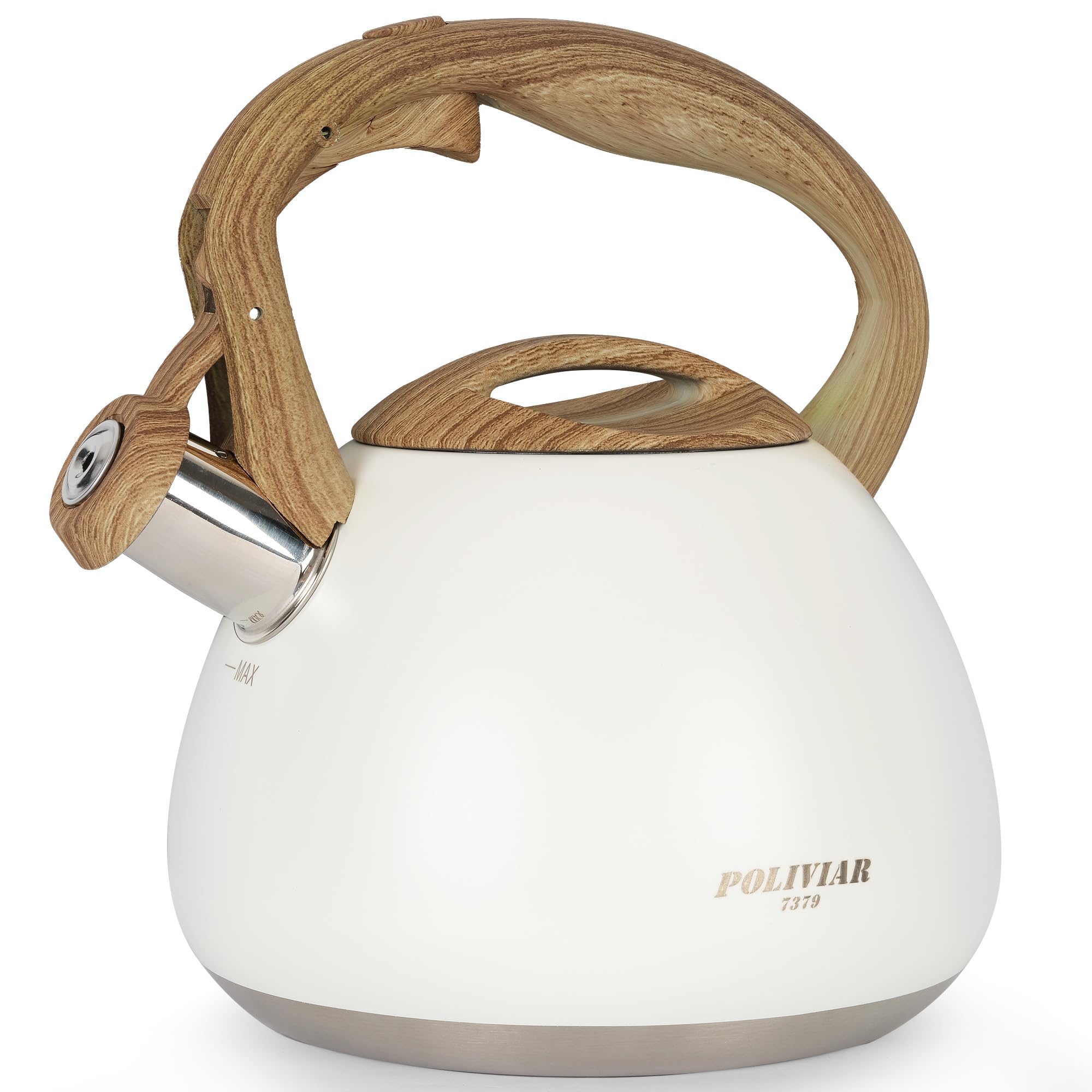 Photo 1 of POLIVIAR Tea Kettle, 2.7 Quart White Finish with Wood Pattern Handle Loud Whistle Food Grade Stainless Steel Teapot, Anti-Hot Handle and Anti-Rust, Suitable for All Heat Sources JX2025-BW30