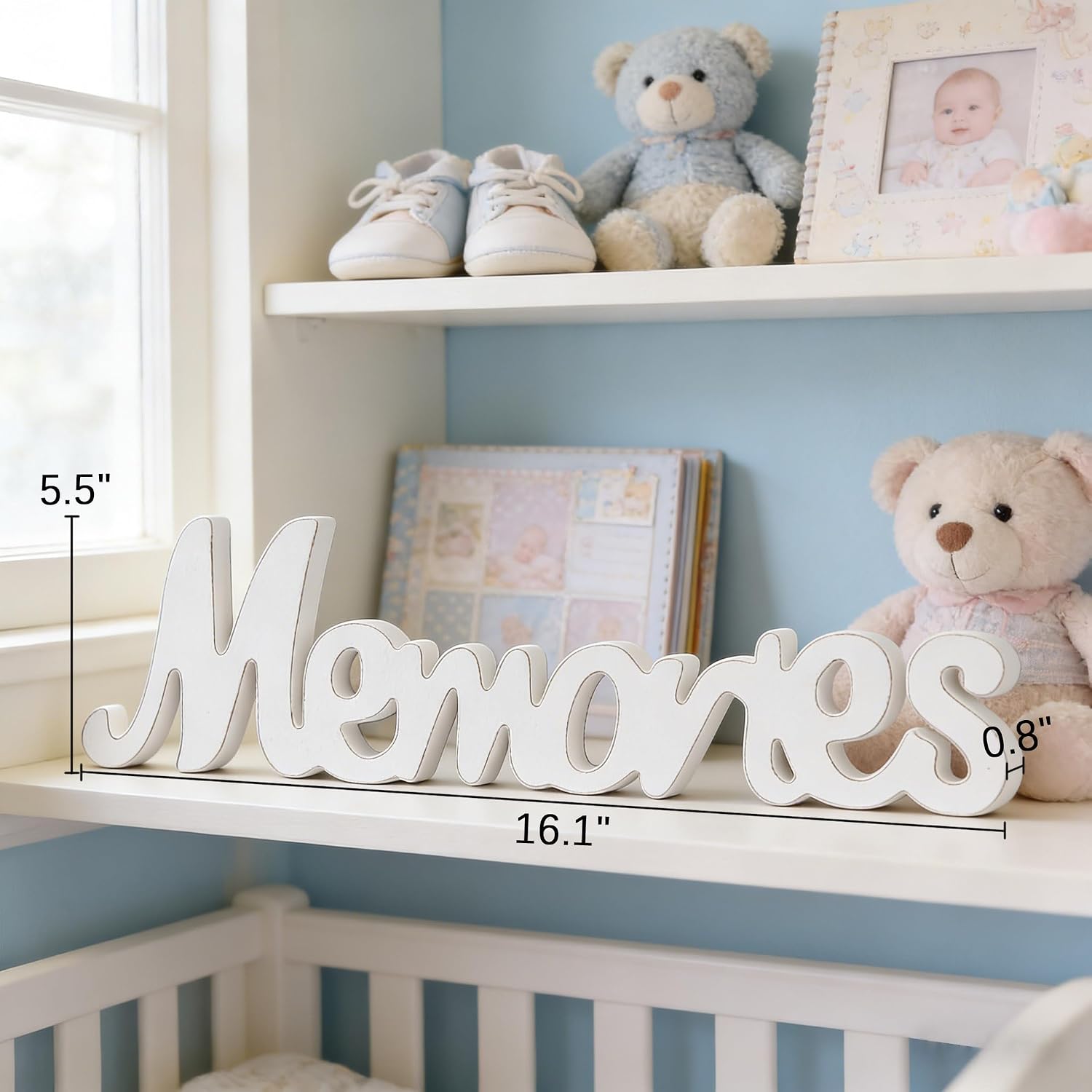 Rustic Memories Sign for Shelf or Wall 16 Inch, Distressed White Farmhouse Wooden Memorial Letter Sign for Wedding Anniversary Home Decor Living Room Bedroom Entryway Hallway