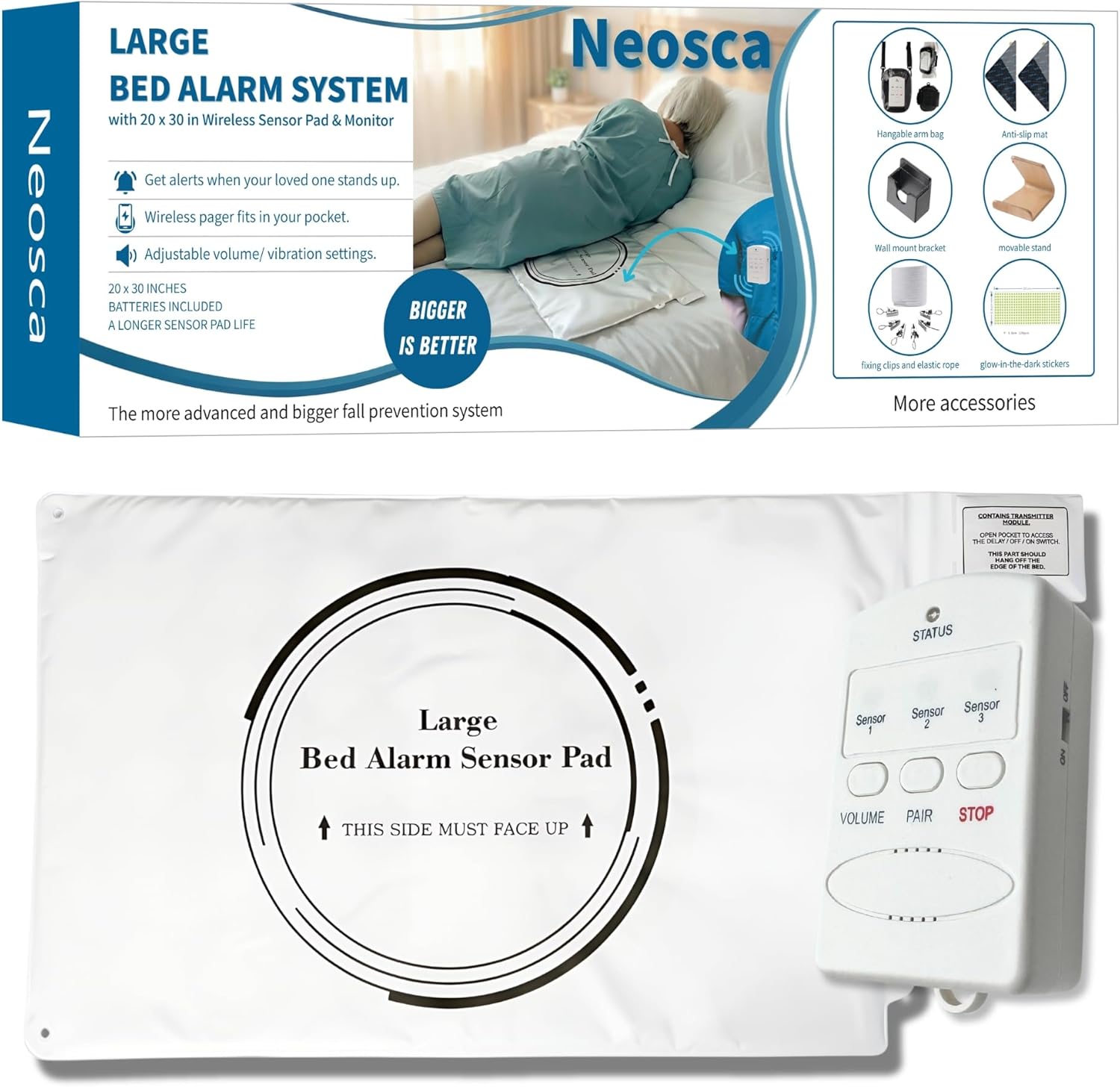 Large Bed Alarm for Elderly Adults – Wireless Bed Alarm Pad (20” x 30”) & Pager – Early Alert Fall Prevention & Safety Bed Alarms – Dementia & Alzheimers Support, Designed for Nighttime Care