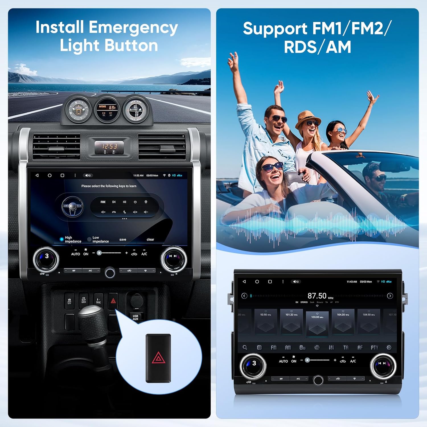 Close-up of the car stereo installation showing the emergency light button being installed.