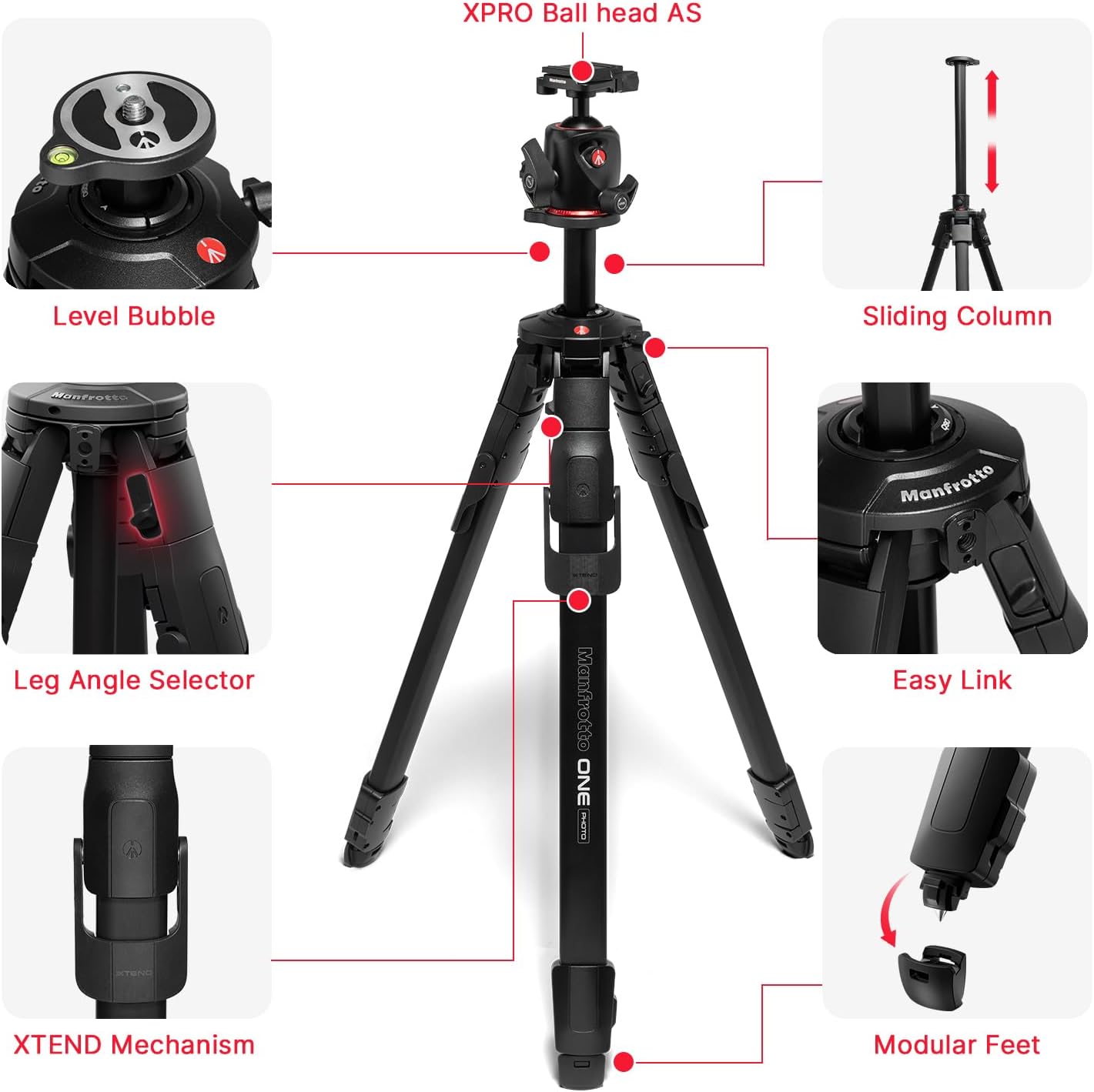 Manfrotto ONE Photo, Aluminum Tripod Kit, XPRO Ball Head Arca Swiss, 26.4lbs Load, 90° Horizontal Column, XTEND Legs Fast Setup, Modular Feet, Professional Photo Tripod Kit, DSLR & Mirrorless Cameras