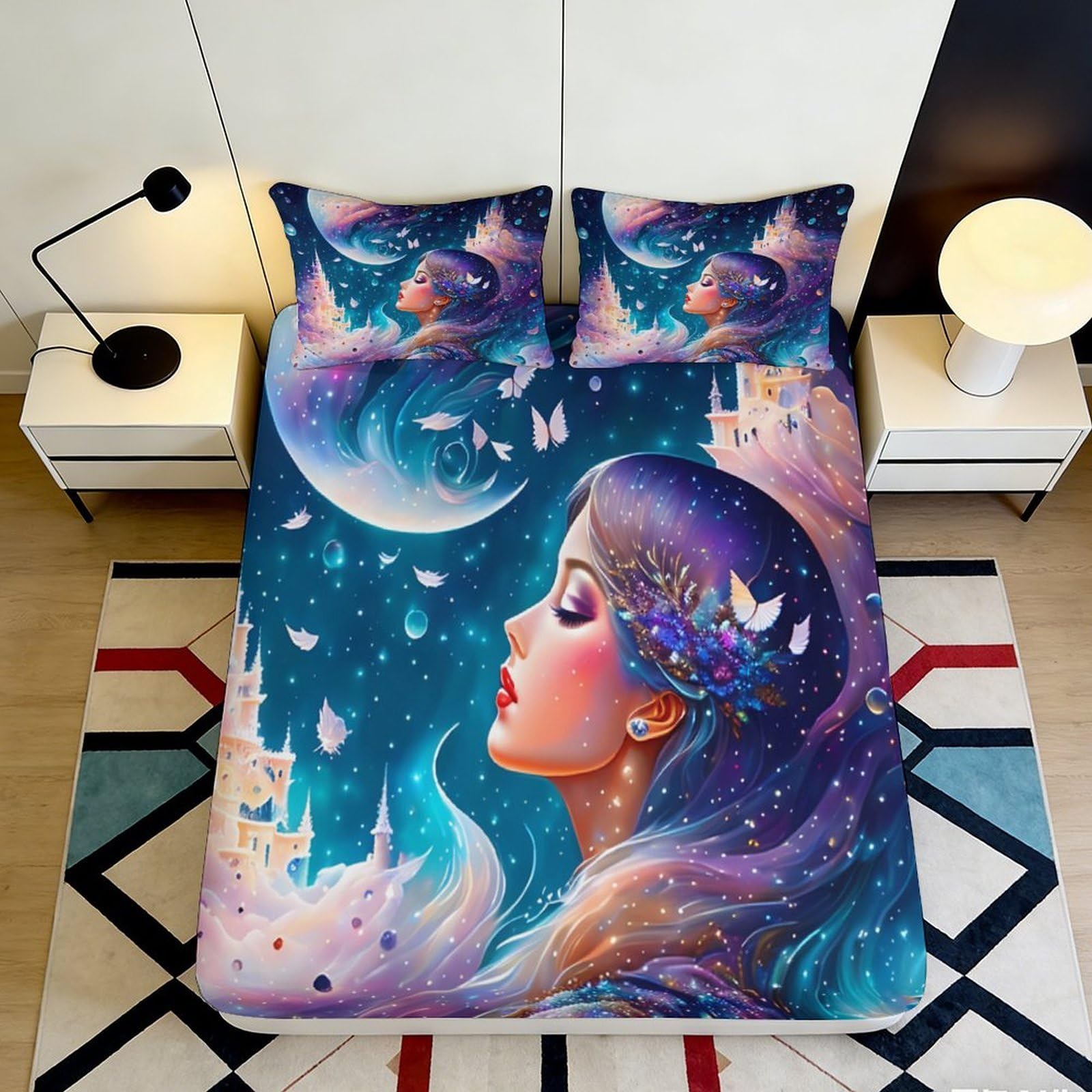 3D Printed Dreamy Night Sky Fitted Sheet Microfiber Soft Artistic Moon Palace Bed Cover for Bedroom Guestroom Decor 90x200x25cm