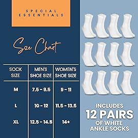 Special Essentials 12 Pairs Cotton Diabetic Ankle Socks - Non-Binding With Extra Wide Top For Men and Women White 9-11