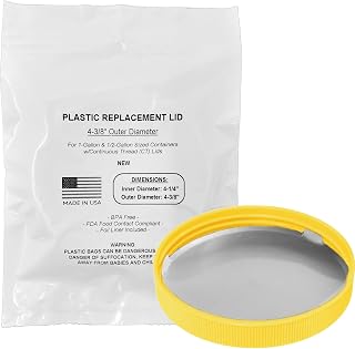 Lid for Half to 1-Gallon Plastic Glass Storage Containers; Fits 1 to 2.5 Gal Barrel Jars; 4-3/8" OD (Taken at Top of Lid) Made in USA; Screw-On Food Grade Cap (Yellow, Foil Liner)