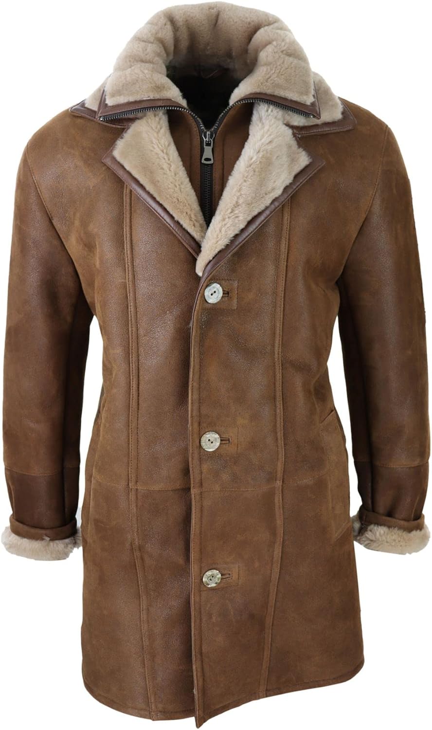 TruClothing Mens 3/4 Duffle Jacket Real Sheepskin Long Smart Casual Button Zip Warm Coat
