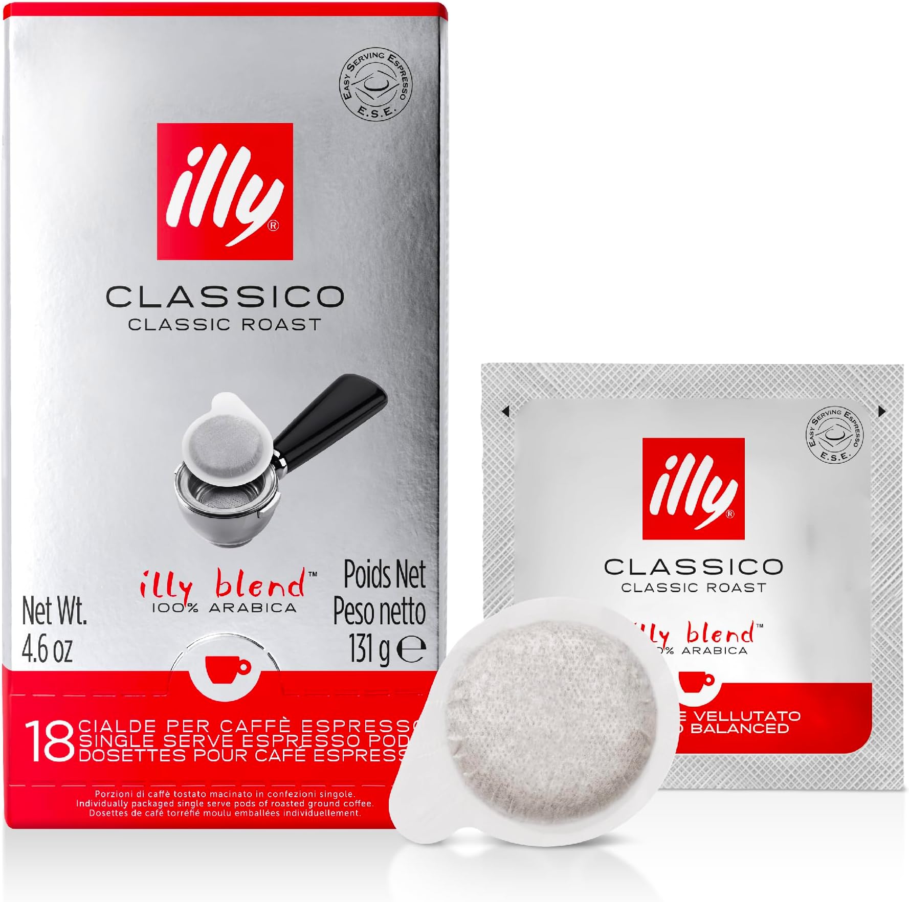 ESE Coffee Pods - Classico Medium Roast - 100% Arabica Coffee - Compatible with ESE Machines - 18 Individually Wrapped Capsules